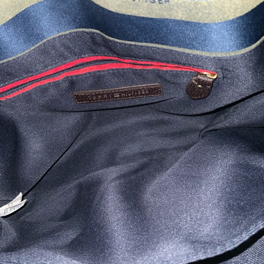 Tommy Hilfiger Blue & Gray Striped Canvas & Brown Leather Satchel Purse Like New - Picture 7 of 11